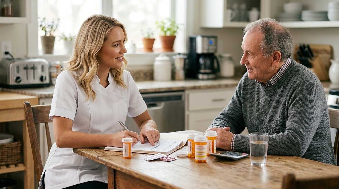 Credentialed pharmacist conducting a Home Medicines Review with a patient